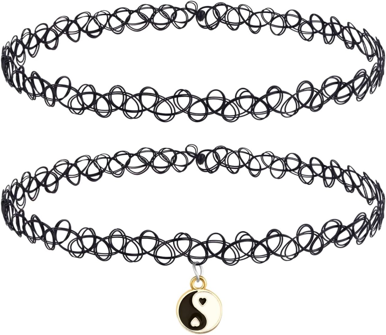 BodyJ4You 2PC Tattoo Choker Necklace - 90s Choker Necklace Women - 2000s Y2K Black Chokers Rainbow Choker - Butterfly Ying Yang Unicorn Rainbow Charms - Stretchy Elastic Necklace