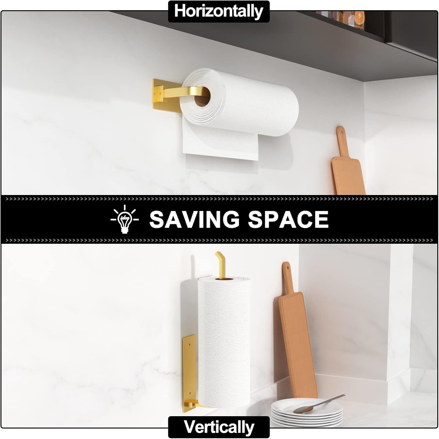 Paper Towel Holder - Self-Adhesive or Drilling, Matte Black, Upgraded Aluminum Kitchen Roll Dispenser Under Cabinet, Lighter but Stronger Than Stainless Steel!