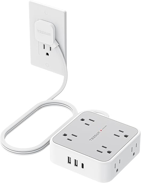 TESSAN Surge Protector Power Strip, 5 Ft Flat Plug Extension Cord with 3 USB (1 USB C) 8 Outlets, 900J Surge Protection, 3 Sided Outlet Extender with Power Switch for Office, Dorm Room Essentials