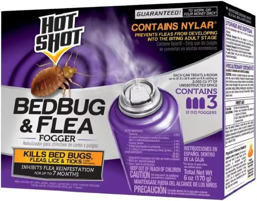 Hot Shot BedBug And Flea Fogger 3 Count-2 Ounce Cans, With Nylar, Inhibits Flea Reinfestation