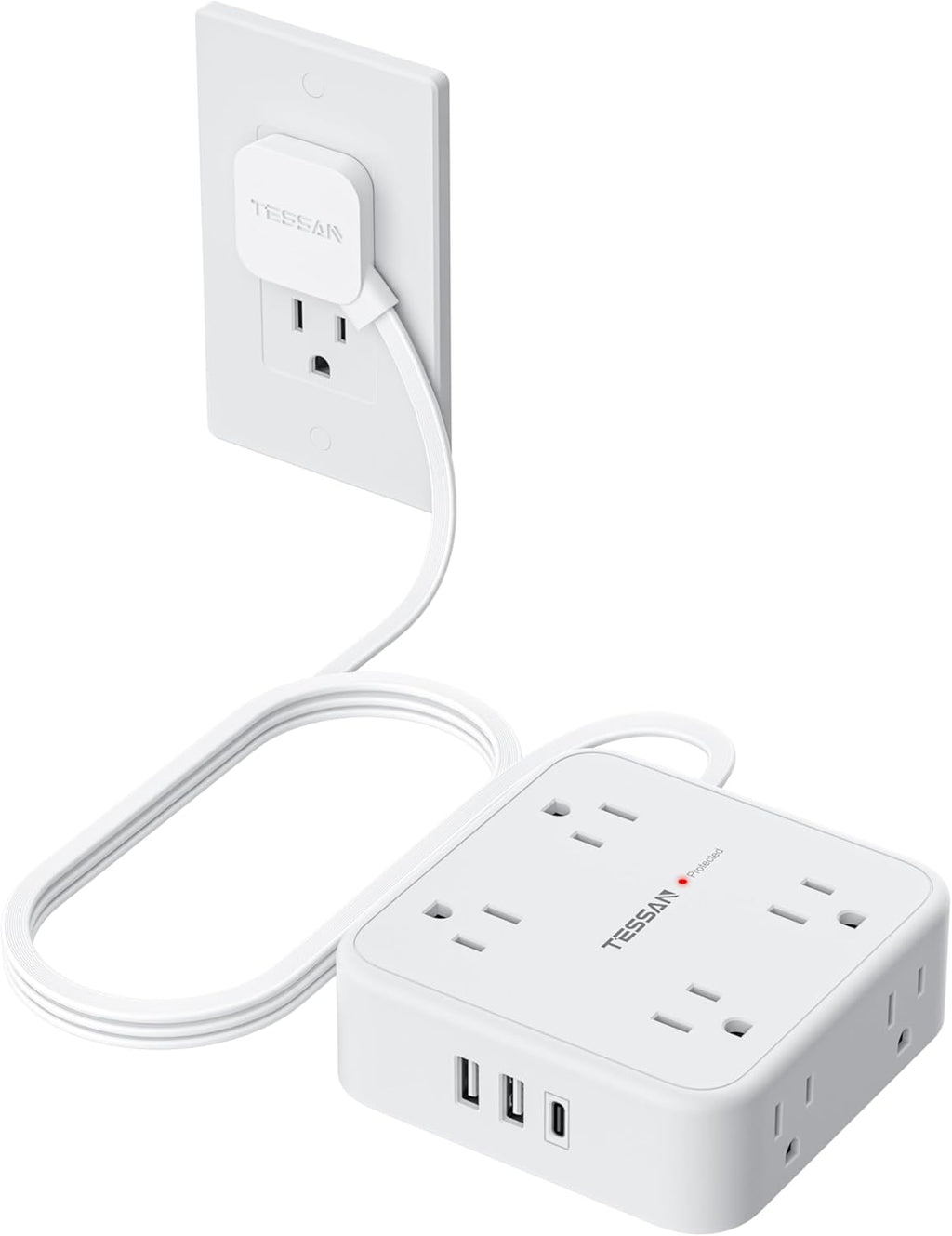 TESSAN Surge Protector Power Strip, 5 Ft Flat Plug Extension Cord with 3 USB (1 USB C) 8 Outlets, 900J Surge Protection, 3 Sided Outlet Extender with Power Switch for Office, Dorm Room Essentials