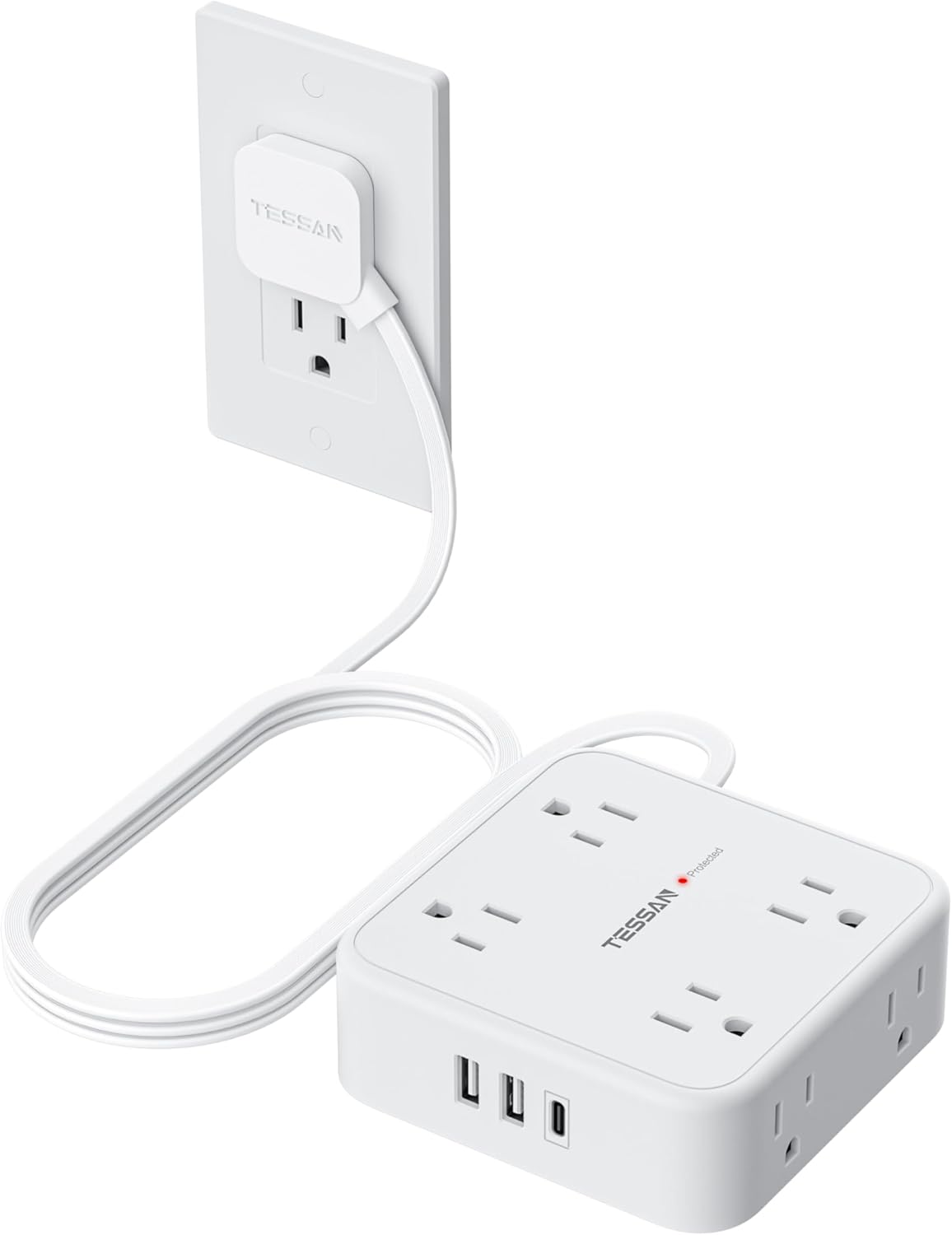 TESSAN Surge Protector Power Strip, 5 Ft Flat Plug Extension Cord with 3 USB (1 USB C) 8 Outlets, 900J Surge Protection, 3 Sided Outlet Extender with Power Switch for Office, Dorm Room Essentials