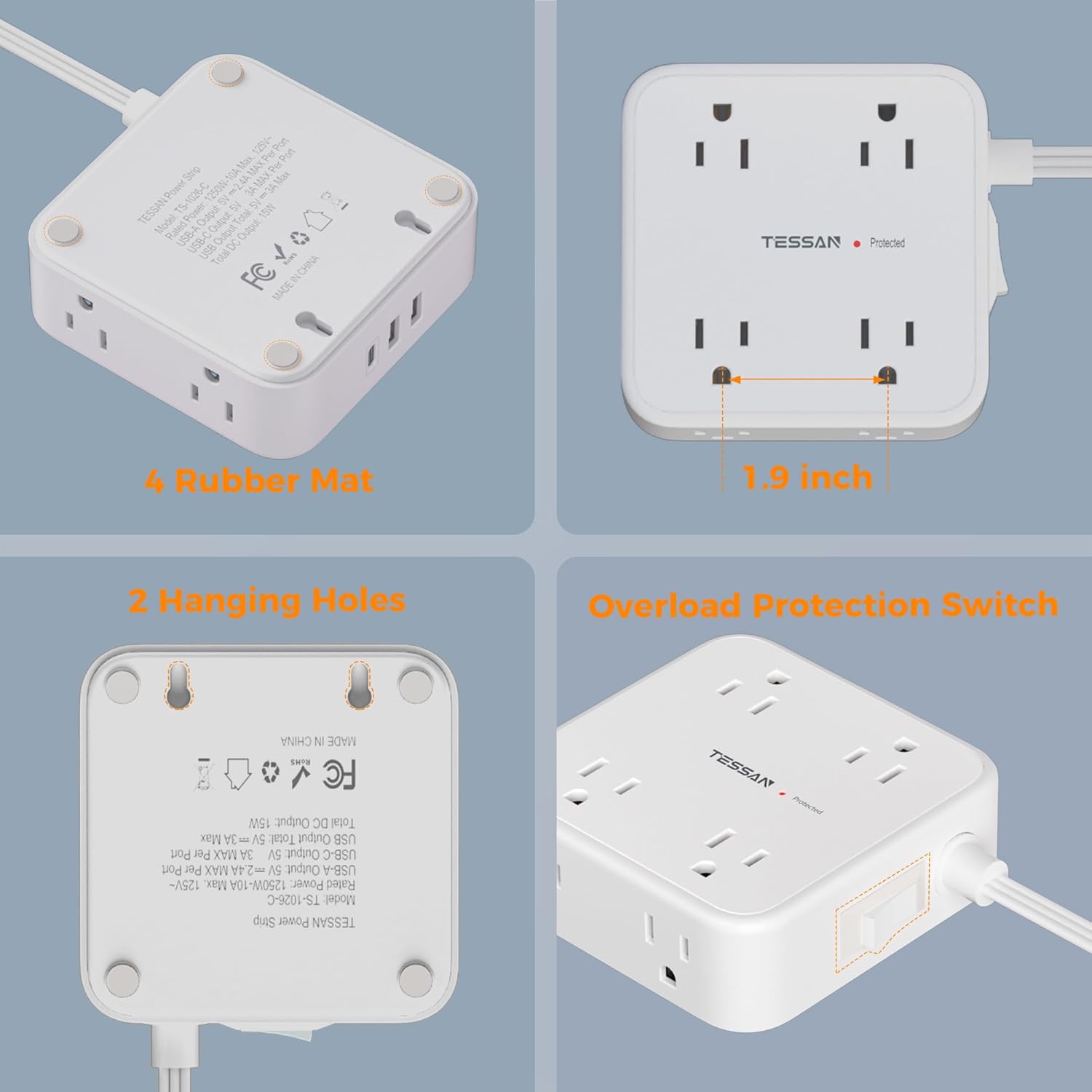 TESSAN Surge Protector Power Strip, 5 Ft Flat Plug Extension Cord with 3 USB (1 USB C) 8 Outlets, 900J Surge Protection, 3 Sided Outlet Extender with Power Switch for Office, Dorm Room Essentials