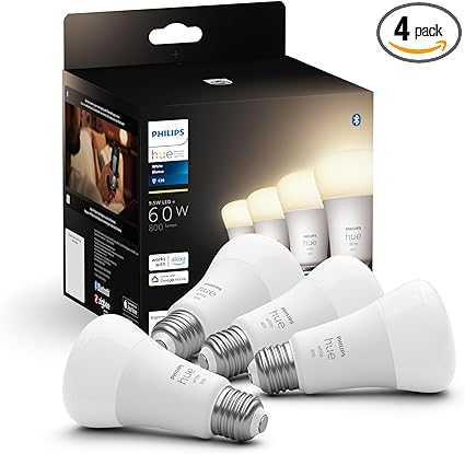 Philips Hue Smart 60W A19 LED Bulb - Soft Warm White Light - 4 Pack - 800LM - E26 - Indoor - Control with Hue App - Works with Alexa, Google Assistant and Apple Homekit
