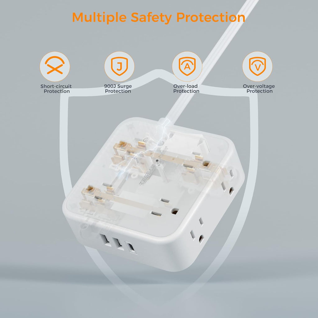 TESSAN Surge Protector Power Strip, 5 Ft Flat Plug Extension Cord with 3 USB (1 USB C) 8 Outlets, 900J Surge Protection, 3 Sided Outlet Extender with Power Switch for Office, Dorm Room Essentials