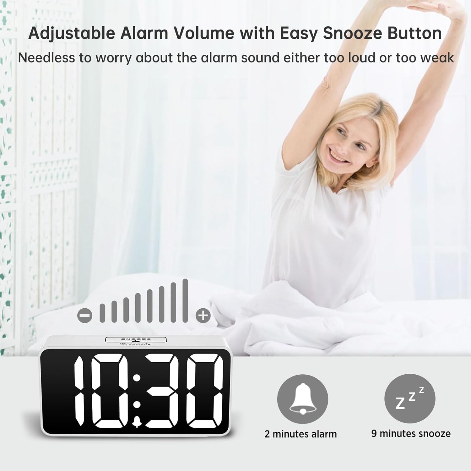 DreamSky Small Digital Alarm Clock for Bederoom, Large Big Numbers Display with Dimmer for Living Room, Electric Bedside Desk Clock with USB Charging Port, Adjustable Volume, USB-C Adapter Powered