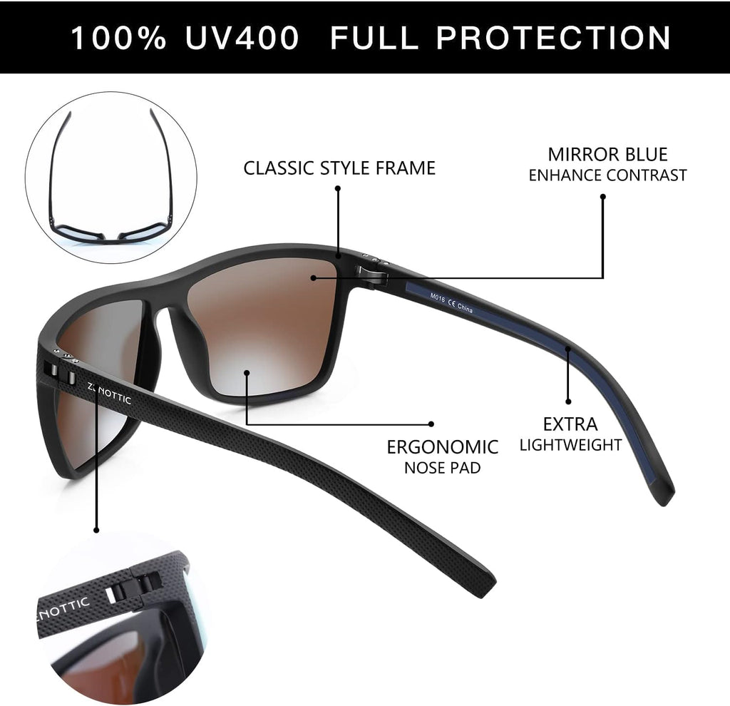 ZENOTTIC Polarized Sunglasses for Men Lightweight TR90 Frame UV400 Protection Square Sun Glasses