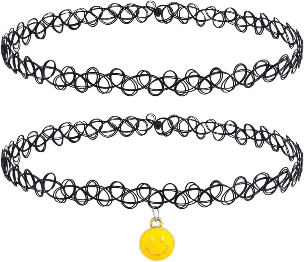 BodyJ4You 2PC Tattoo Choker Necklace - 90s Choker Necklace Women - 2000s Y2K Black Chokers Rainbow Choker - Butterfly Ying Yang Unicorn Rainbow Charms - Stretchy Elastic Necklace