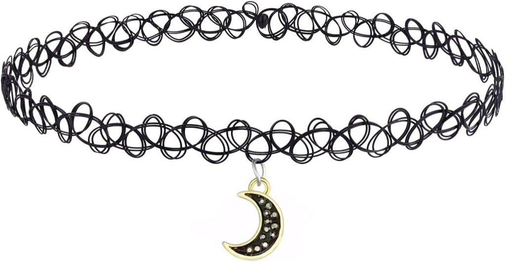 BodyJ4You 2PC Tattoo Choker Necklace - 90s Choker Necklace Women - 2000s Y2K Black Chokers Rainbow Choker - Butterfly Ying Yang Unicorn Rainbow Charms - Stretchy Elastic Necklace