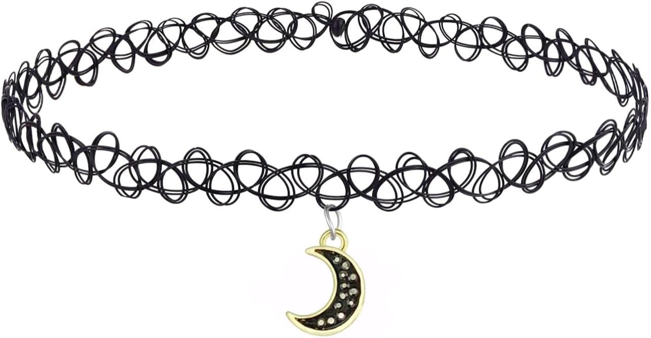 BodyJ4You 2PC Tattoo Choker Necklace - 90s Choker Necklace Women - 2000s Y2K Black Chokers Rainbow Choker - Butterfly Ying Yang Unicorn Rainbow Charms - Stretchy Elastic Necklace