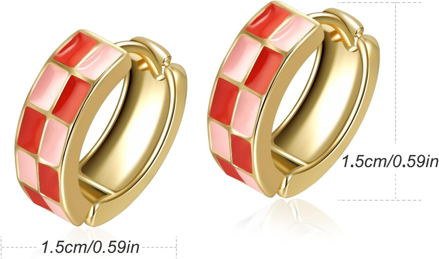 Chic Checker Small Hoop Cartilage Earrings Teacher Earrings for Women；White Black Enamel Hypoallergenic Hooped Gifts Gold and Silver tone