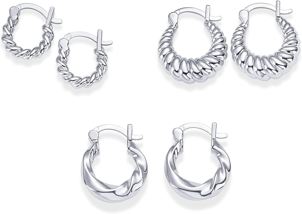 PAVOI 14K-18K Yellow Gold Plated 925 Sterling Silver Posts Three Pairs Small Hoop Earrings for Women - Statement Gold Hoop Earrings Set - Cubic Zirconia Rope Teardrop Chunky Huggie Earscape Piercings