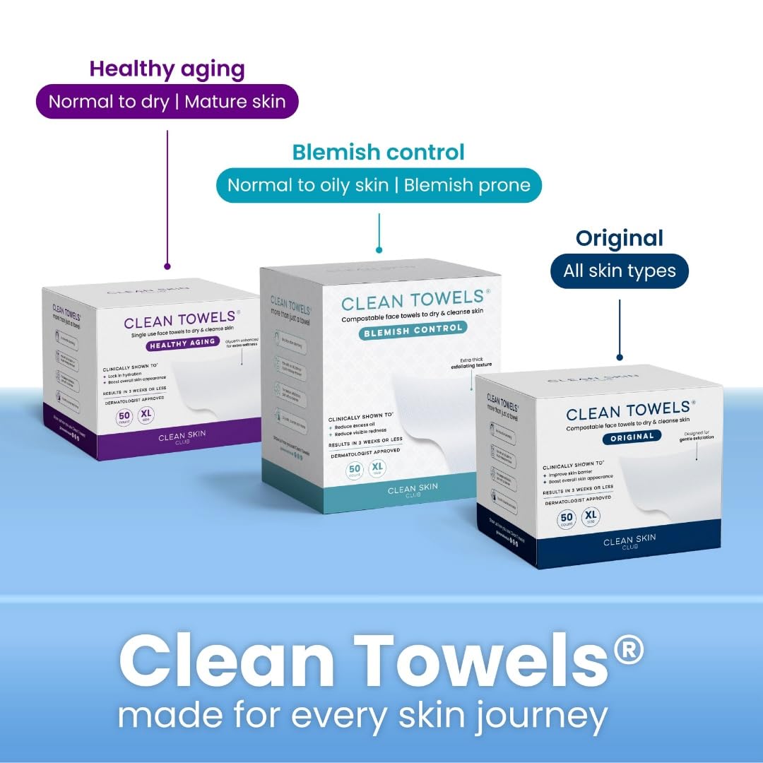 Clean Skin Club Clean Towels XL, 100% USDA Biobased Face Towel, Disposable Face Towelette, Eczema Association Accepted, Makeup Remover Dry Wipes, Ultra Soft, 1 Pack, 50 Ct