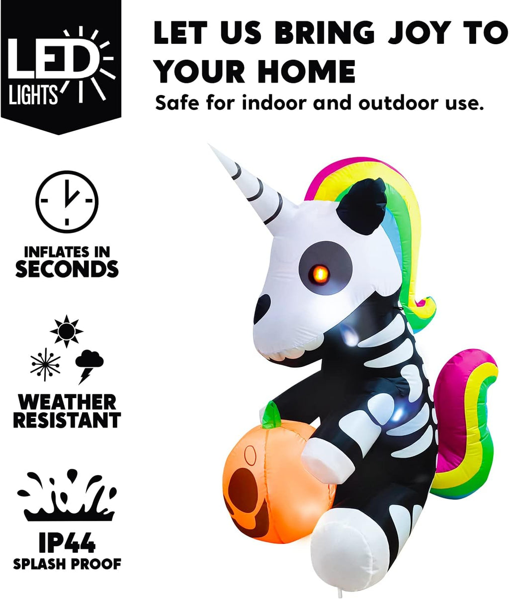 Joiedomi 5 FT Halloween Inflatables Skeleton Decor Outdoor, Blow Up Decorations Sitting Skeleton Unicorn with LEDs for Halloween Decorations Outside, Yard Decor