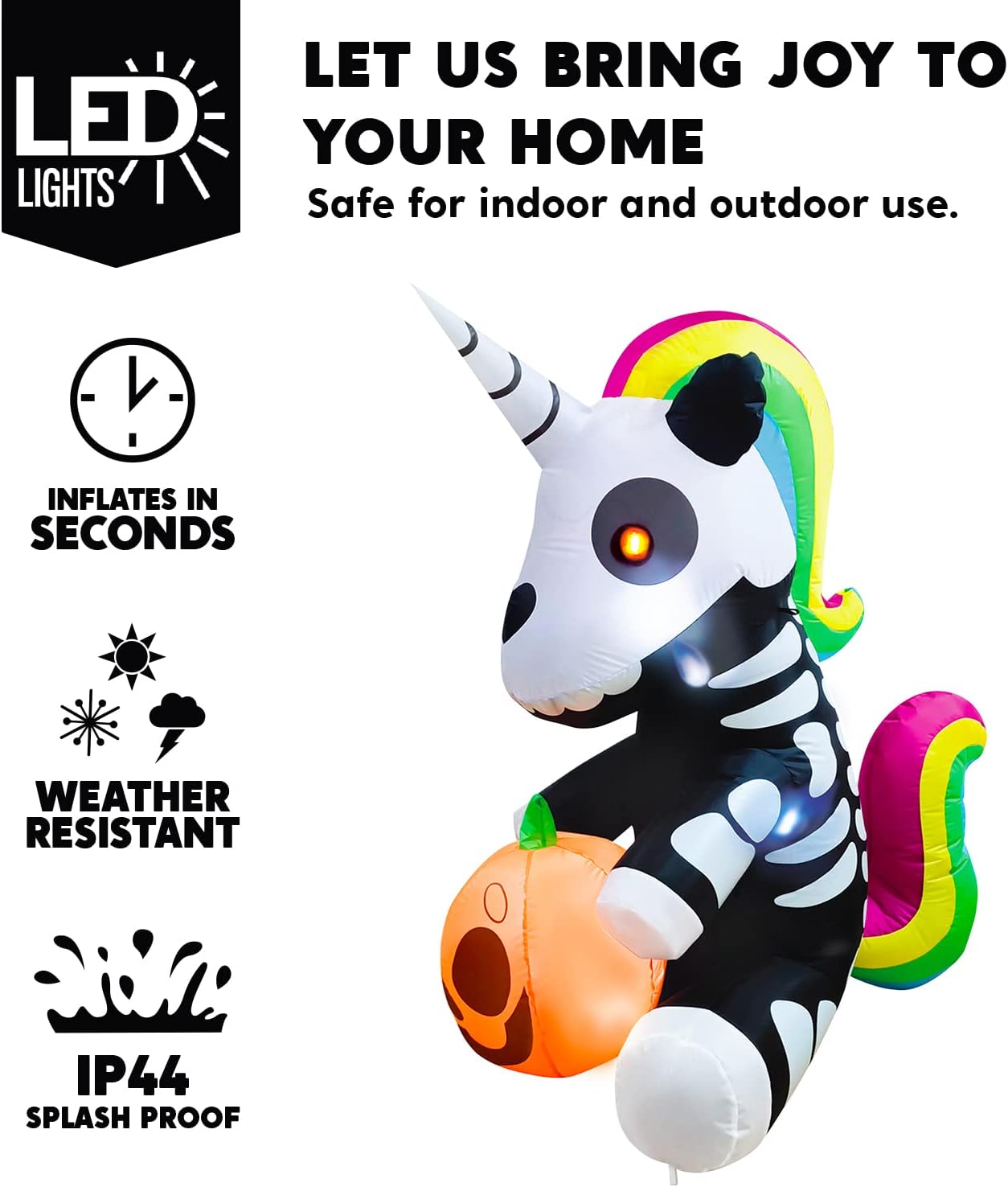 Joiedomi 5 FT Halloween Inflatables Skeleton Decor Outdoor, Blow Up Decorations Sitting Skeleton Unicorn with LEDs for Halloween Decorations Outside, Yard Decor