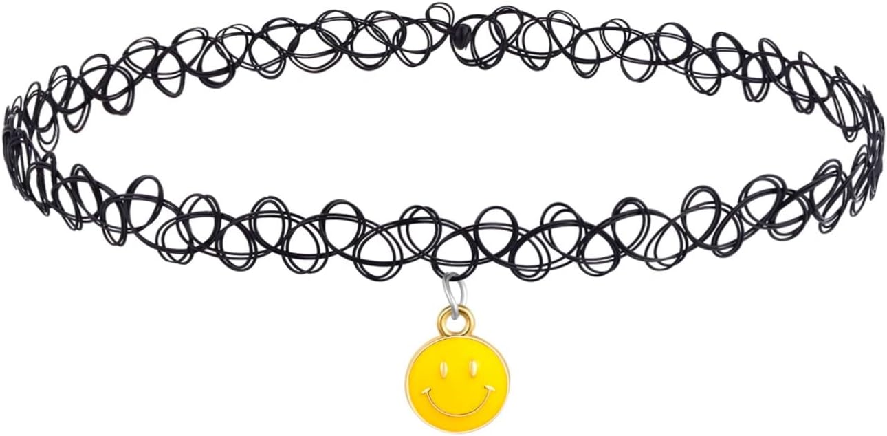 BodyJ4You 2PC Tattoo Choker Necklace - 90s Choker Necklace Women - 2000s Y2K Black Chokers Rainbow Choker - Butterfly Ying Yang Unicorn Rainbow Charms - Stretchy Elastic Necklace
