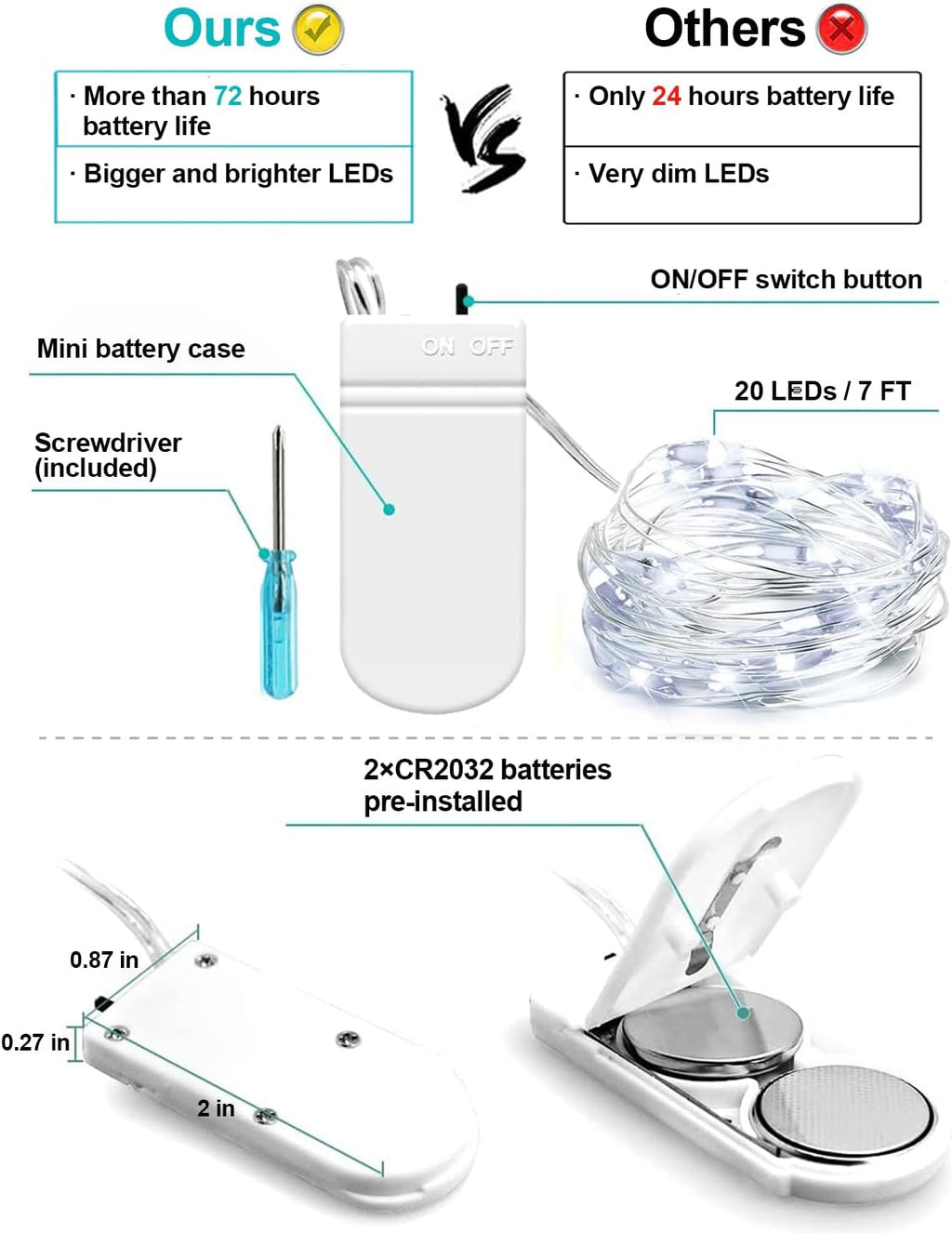 6 Pack Fairy Lights Battery Operated 7ft 20 LED Mini String Lights Twinkle Lights Silver Wire Firefly Starry Moon Lights for Mason Jars Wedding Party Christmas Centerpiece Table Decorations,Warm White