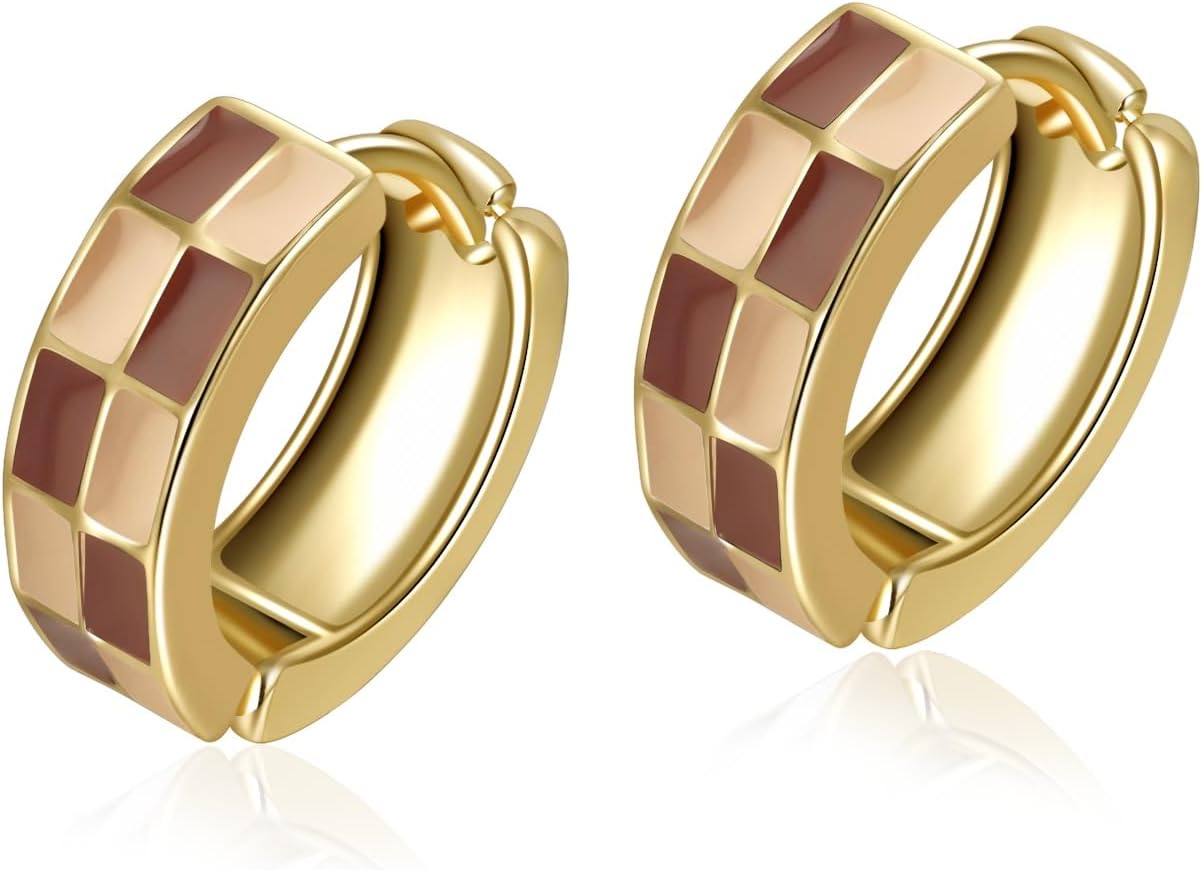 Chic Checker Small Hoop Cartilage Earrings Teacher Earrings for Women；White Black Enamel Hypoallergenic Hooped Gifts Gold and Silver tone