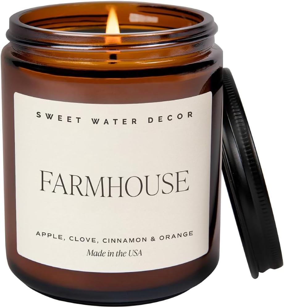 Sweet Water Decor Hello Fall Soy Candles - Fall Candle with Hot Cider, Cinnamon, Cloves, and Nutmeg Scent for Home - Soy Candle with 40 Hours Burn Time - 9Oz Black Lid Amber Jar Candles Fall Scents