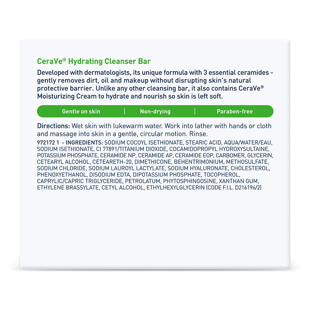 CeraVe Hydrating Cleanser Bar, Soap-Free Body and Facial Cleanser with 5% Moisturizing Cream, Fragrance-Free, 3-Pack, 4.5 Ounce Each