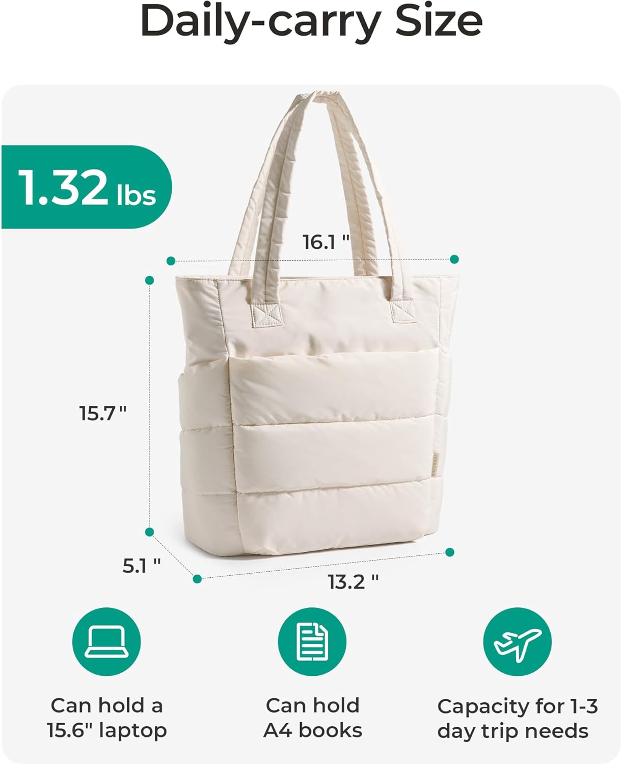 BAGSMART Tote Bag for Women, Lightweight Puffy Tote Bag with Compartments Shoulder Bag Handbag for Travel, Work, Gym