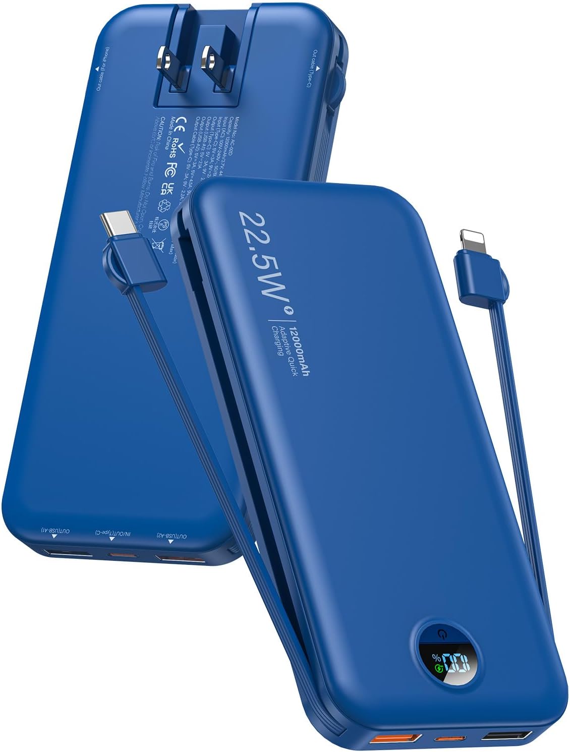 Portable Charger Power Bank, 12000mAh 22.5W USB C Fast Charging with Built-in Cables and Wall Plug, Travel Essential Battery Pack with LED Display for iPhone, iPad, Samsung Pink