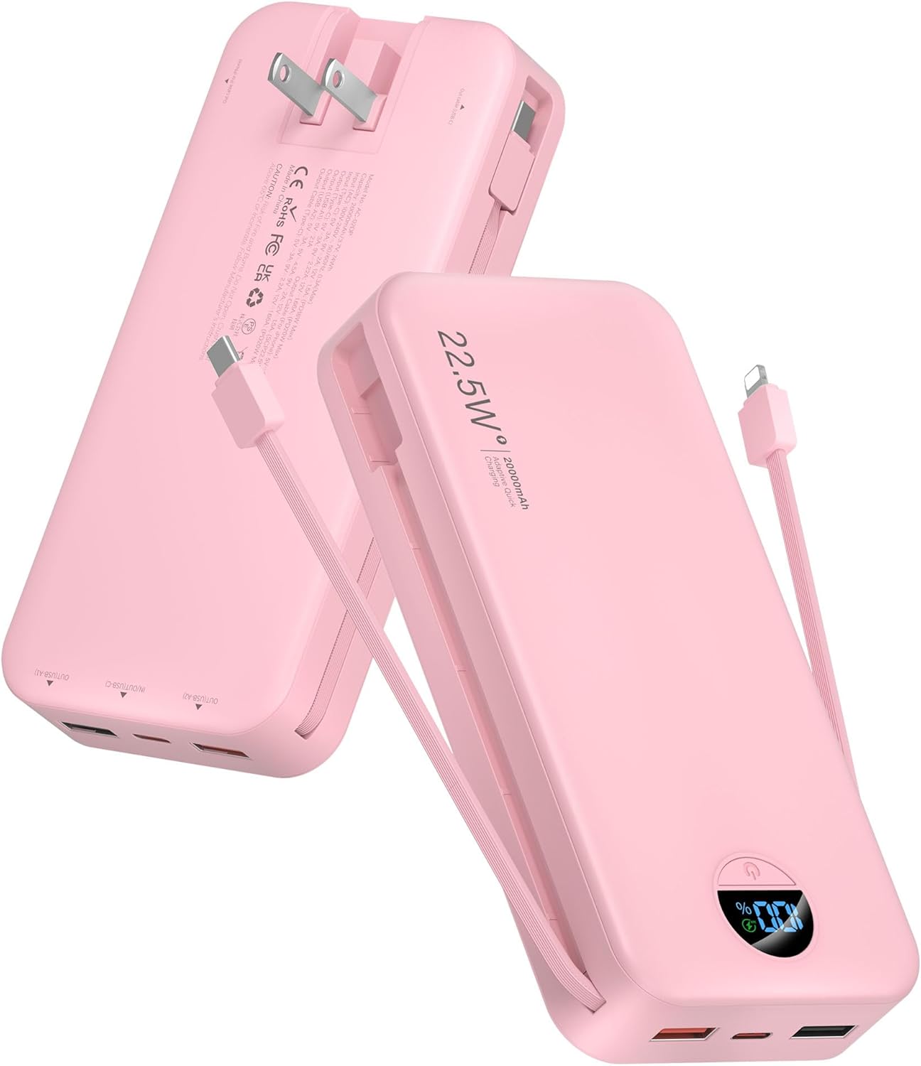 Portable Charger Power Bank, 12000mAh 22.5W USB C Fast Charging with Built-in Cables and Wall Plug, Travel Essential Battery Pack with LED Display for iPhone, iPad, Samsung Pink