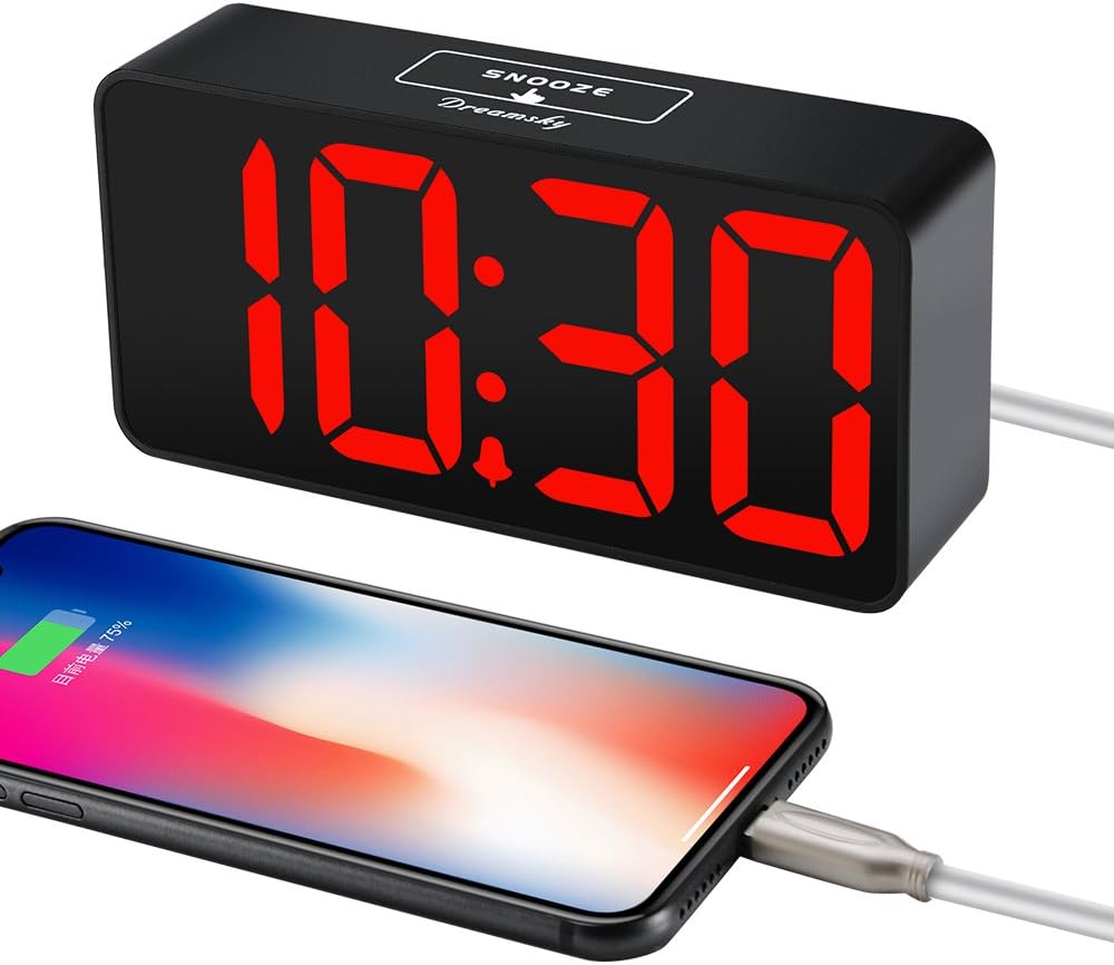 DreamSky Small Digital Alarm Clock for Bederoom, Large Big Numbers Display with Dimmer for Living Room, Electric Bedside Desk Clock with USB Charging Port, Adjustable Volume, USB-C Adapter Powered