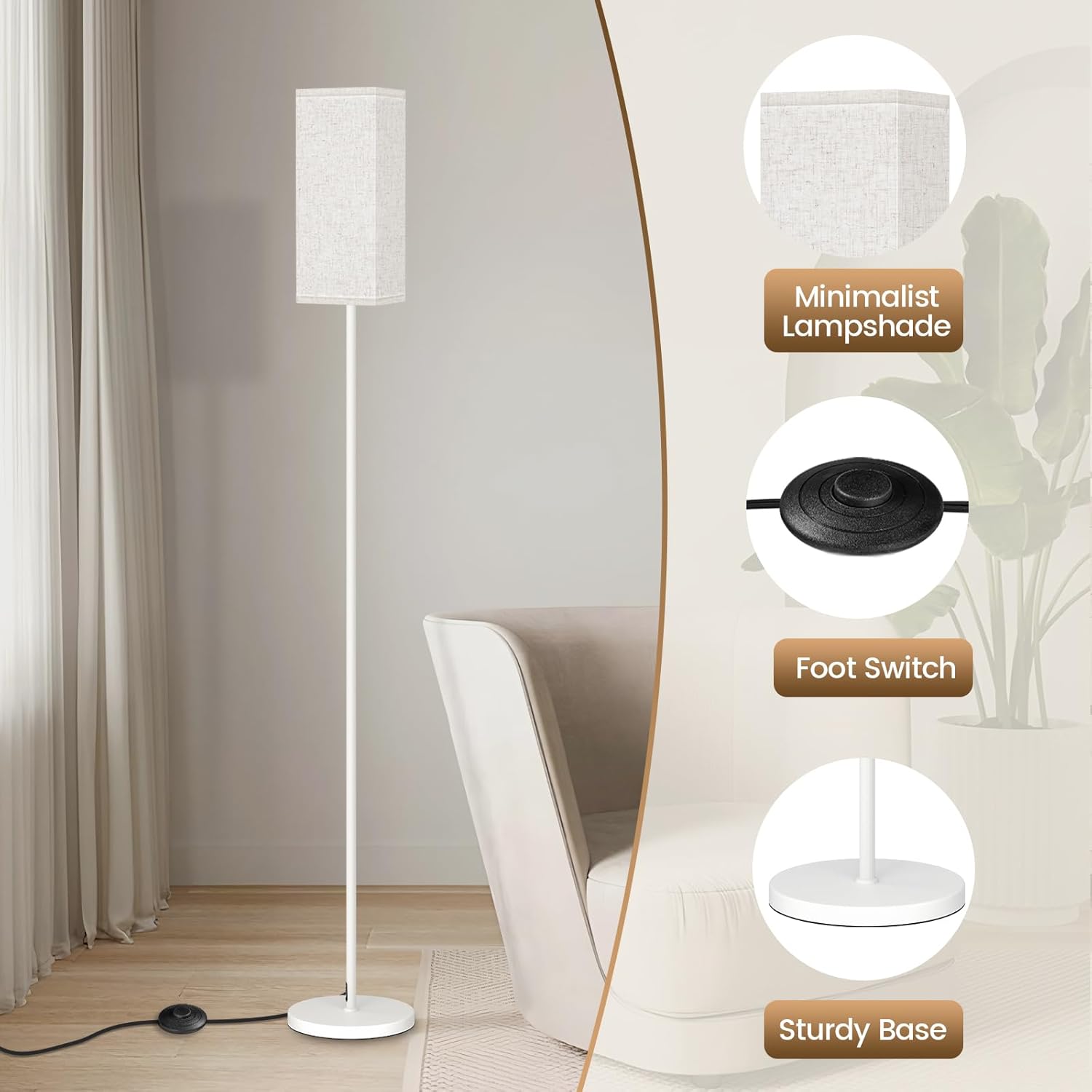 64.6" Floor Lamp, Pole with Foot Switch, Modern Standing Lamp Lampshade, Minimalist Freestanding Lamp (Bulb Not Included), for Living Room, Bedroom Office ETL Listed, Black and Beige E07LD05
