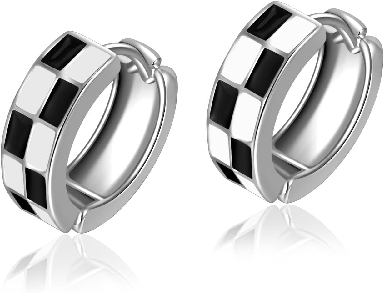 Chic Checker Small Hoop Cartilage Earrings Teacher Earrings for Women；White Black Enamel Hypoallergenic Hooped Gifts Gold and Silver tone