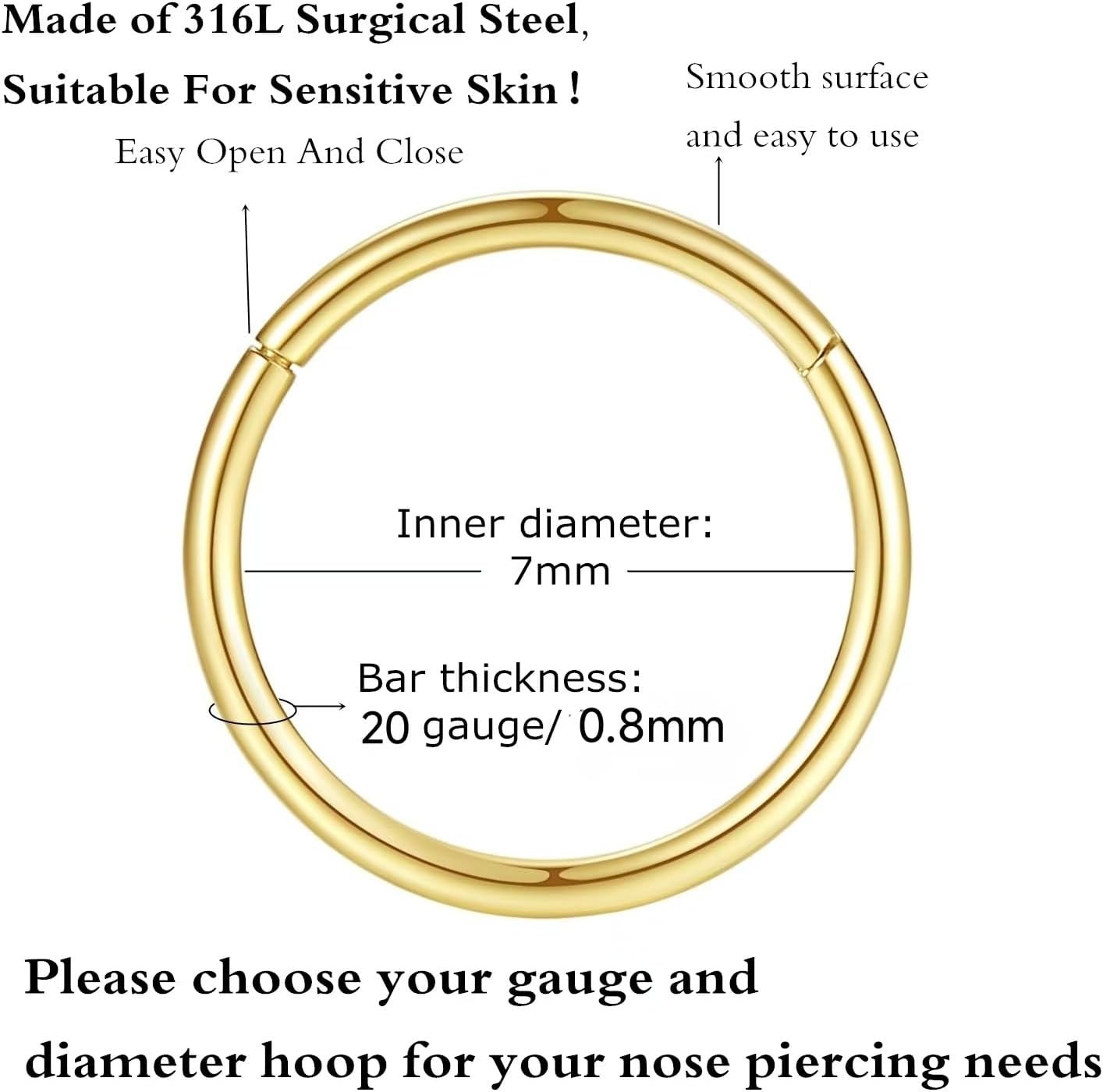 ORANGELOVE Hypoallergenic Nose Rings 20G 18G 16G 14G 12G 10G 8G 316l Surgical Steel Septum Jewelry Hinged Segment Ring Body Piercing Nose Hoop Lip Rings Nose Helix Cartilage Rook Earrings