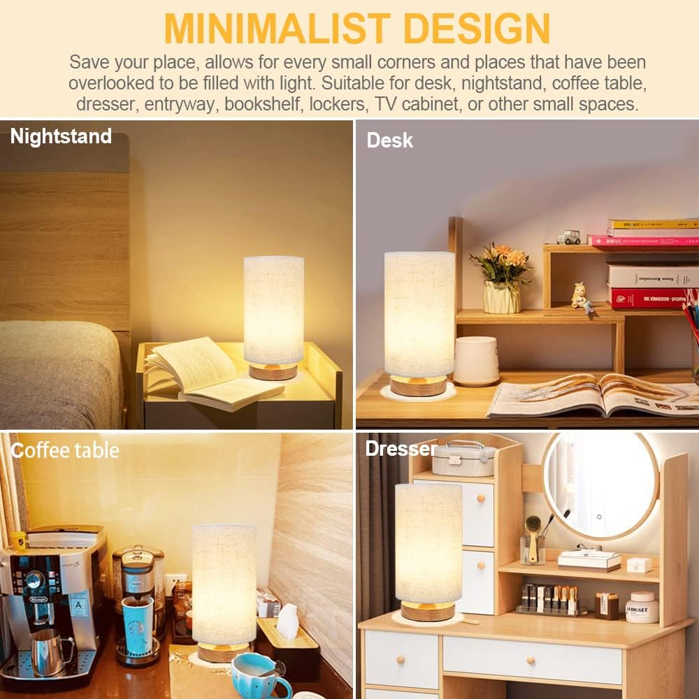 Small Bedside Table Lamp for Bedroom, Minimalist Wood Base & Round Fabric Shade, Mini Cute Cozy Warm White Nightstand Boho Lamp, Study Desk Night Stand Light for Room, Dorm, Nursery, Living Room