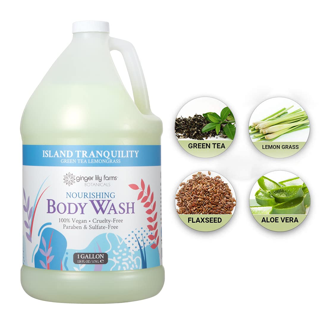 Ginger Lily Farms Botanicals Nourishing Body Wash, Island Tranquility, 100% Vegan & Cruelty-Free, Green Tea Lemongrass Scent, 1 Gallon Refill (128 fl. oz.)