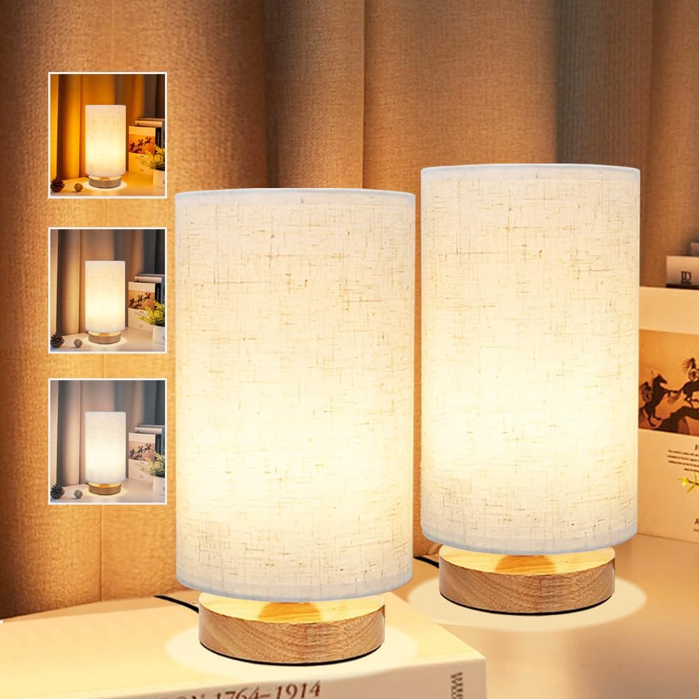 Small Bedside Table Lamp for Bedroom, Minimalist Wood Base & Round Fabric Shade, Mini Cute Cozy Warm White Nightstand Boho Lamp, Study Desk Night Stand Light for Room, Dorm, Nursery, Living Room