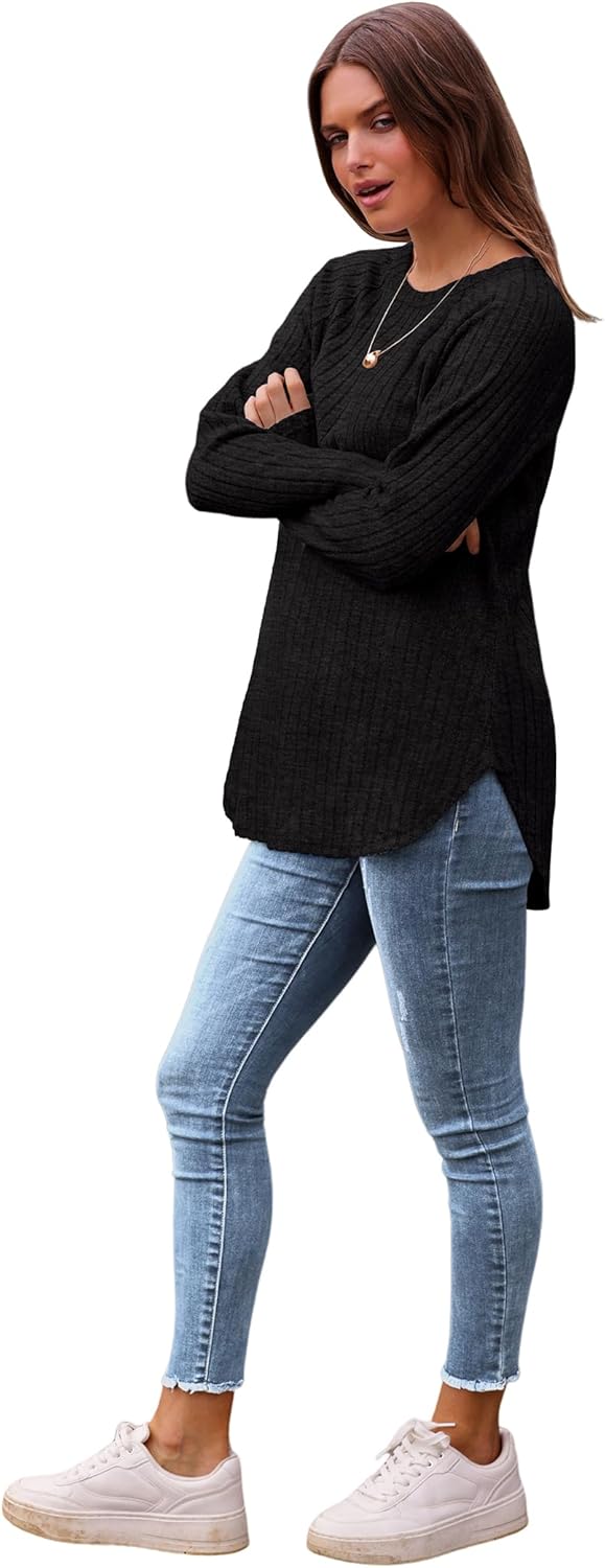 Saloogoe Long Sleeve Shirts for Women 2025 Fall Clothes Tunic Tops Loose Fit Dressy Crewneck Pullover Sweaters Curved Hem