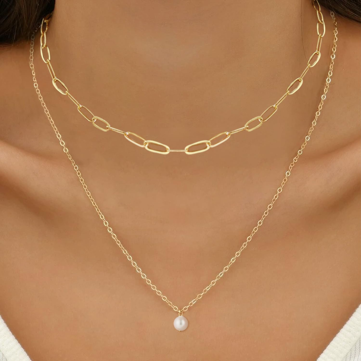 Dainty Pearl Pendant Necklaces for Women 14K Gold Plated Handmade Layered Pearl Chain Necklace Delicate Layered Pearl Necklace Everyday Jewelry Gift