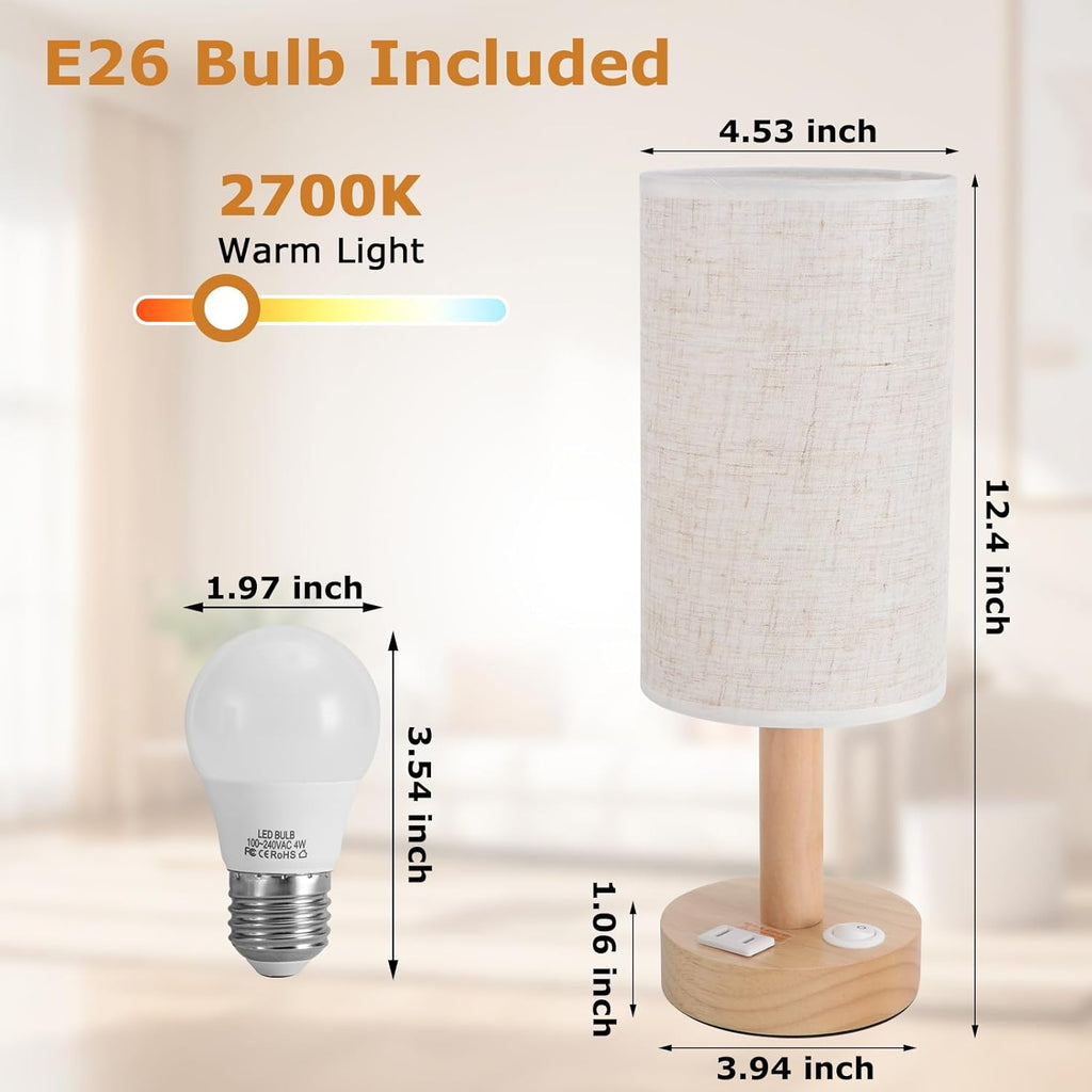 Small Bedside Table Lamp for Bedroom, Minimalist Wood Base & Round Fabric Shade, Mini Cute Cozy Warm White Nightstand Boho Lamp, Study Desk Night Stand Light for Room, Dorm, Nursery, Living Room