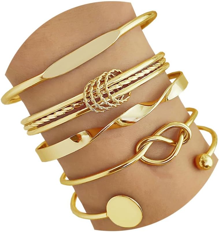 IFKM Gold Bangle Bracelets For Women, 14k Gold Plated Multi Layer Stackable Cuff Bracelet Set, Trendy Elegance Charms Non Tarnish Minimalist Textured Boho Jewelry Gift for Women