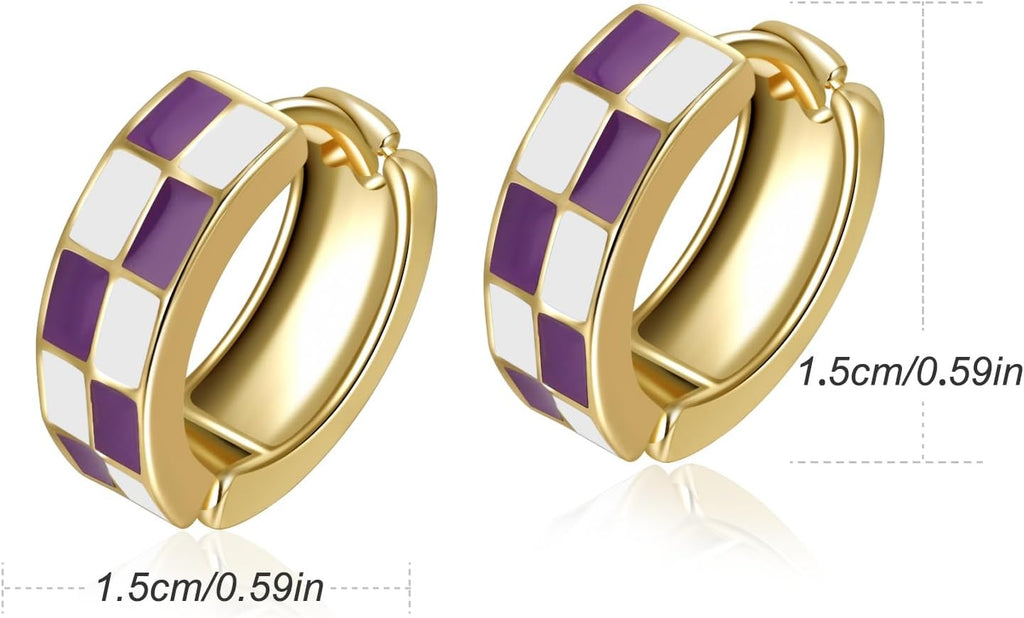 Chic Checker Small Hoop Cartilage Earrings Teacher Earrings for Women；White Black Enamel Hypoallergenic Hooped Gifts Gold and Silver tone