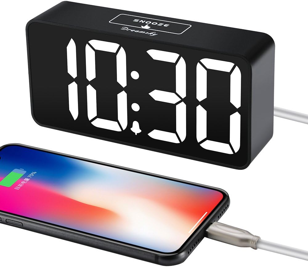 DreamSky Small Digital Alarm Clock for Bederoom, Large Big Numbers Display with Dimmer for Living Room, Electric Bedside Desk Clock with USB Charging Port, Adjustable Volume, USB-C Adapter Powered