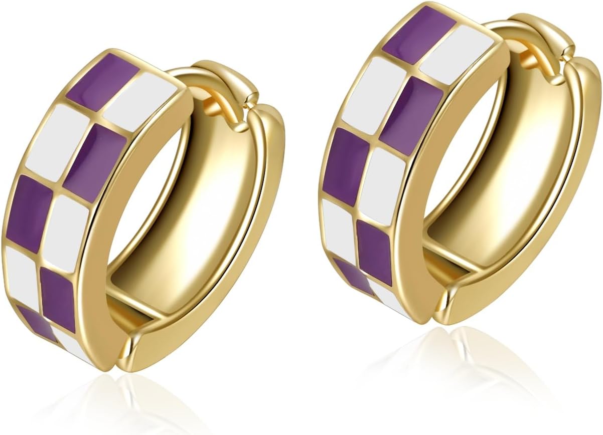 Chic Checker Small Hoop Cartilage Earrings Teacher Earrings for Women；White Black Enamel Hypoallergenic Hooped Gifts Gold and Silver tone