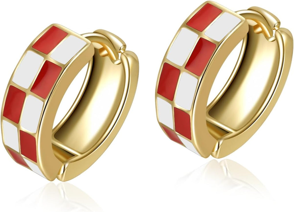 Chic Checker Small Hoop Cartilage Earrings Teacher Earrings for Women；White Black Enamel Hypoallergenic Hooped Gifts Gold and Silver tone