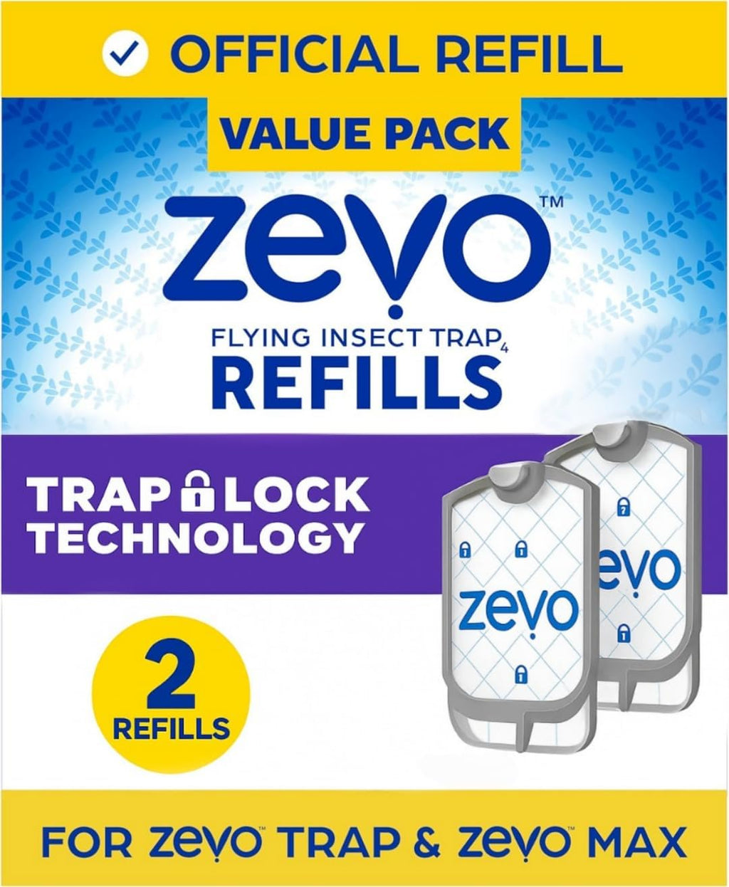 Zevo Flying Insect Trap Official Refill Cartridges - Fits Both Zevo Trap & MAX Indoor Fly Trap - Authentic Trap+Lock Technology to Catch Gnats, House & Fruit Flys (4 Official Refill Cartridges)