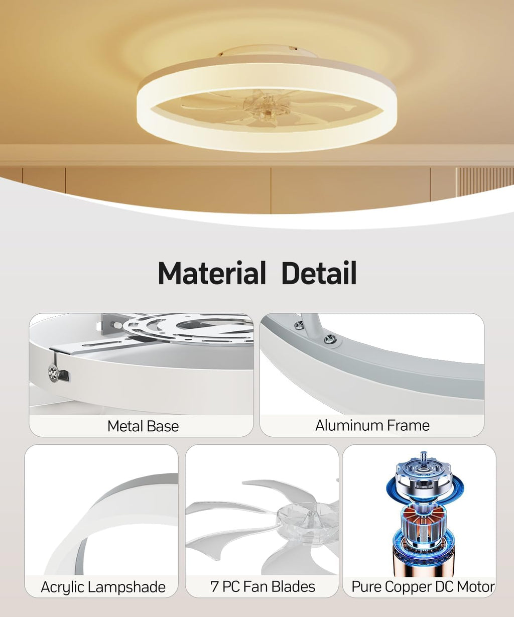 Ceiling Fans with Lights and Remote, 20" Modern Low Profile Ceiling Fan with Light, Stepless Color Temperature Change and 6 Speeds for Bedroom, Kids Room and Living Room (Black)