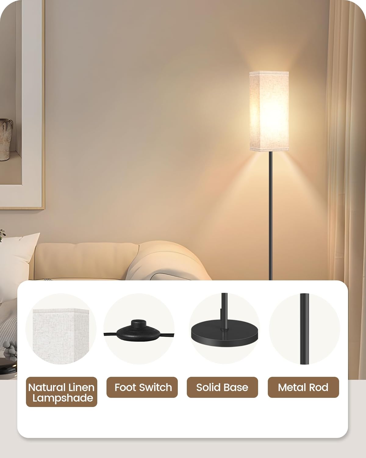 64.6" Floor Lamp, Pole with Foot Switch, Modern Standing Lamp Lampshade, Minimalist Freestanding Lamp (Bulb Not Included), for Living Room, Bedroom Office ETL Listed, Black and Beige E07LD05