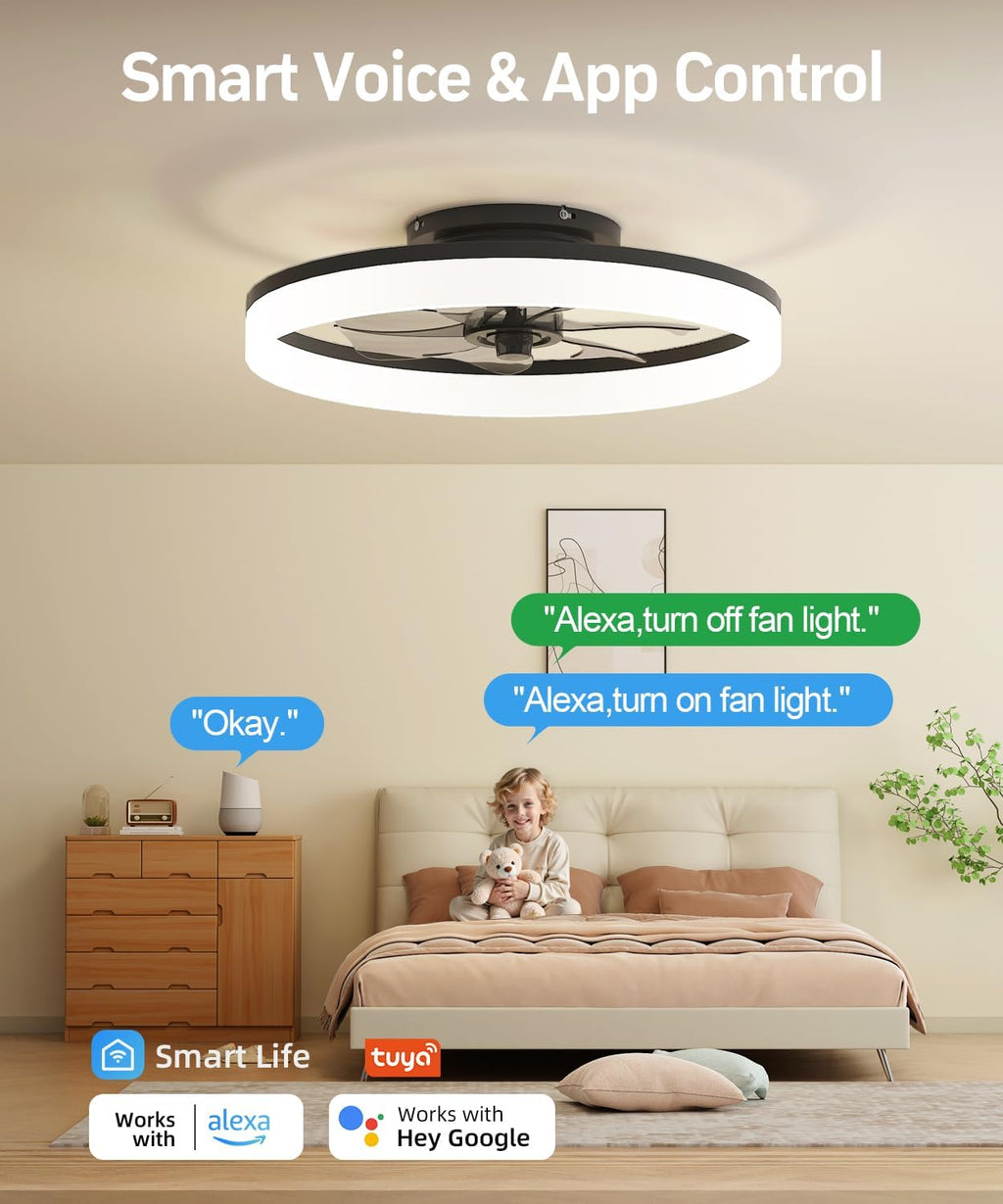 Ceiling Fans with Lights and Remote, 20" Modern Low Profile Ceiling Fan with Light, Stepless Color Temperature Change and 6 Speeds for Bedroom, Kids Room and Living Room (Black)