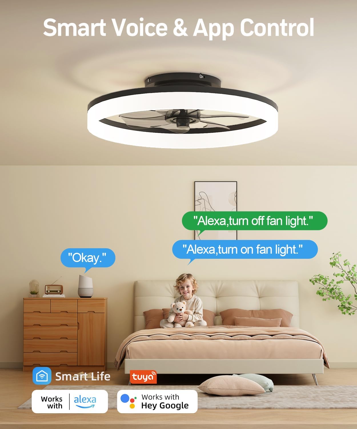 Ceiling Fans with Lights and Remote, 20" Modern Low Profile Ceiling Fan with Light, Stepless Color Temperature Change and 6 Speeds for Bedroom, Kids Room and Living Room (Black)