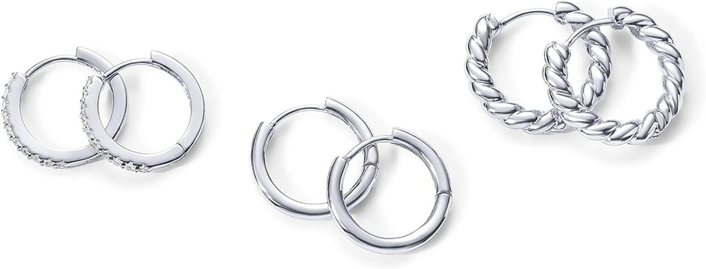 PAVOI 14K-18K Yellow Gold Plated 925 Sterling Silver Posts Three Pairs Small Hoop Earrings for Women - Statement Gold Hoop Earrings Set - Cubic Zirconia Rope Teardrop Chunky Huggie Earscape Piercings