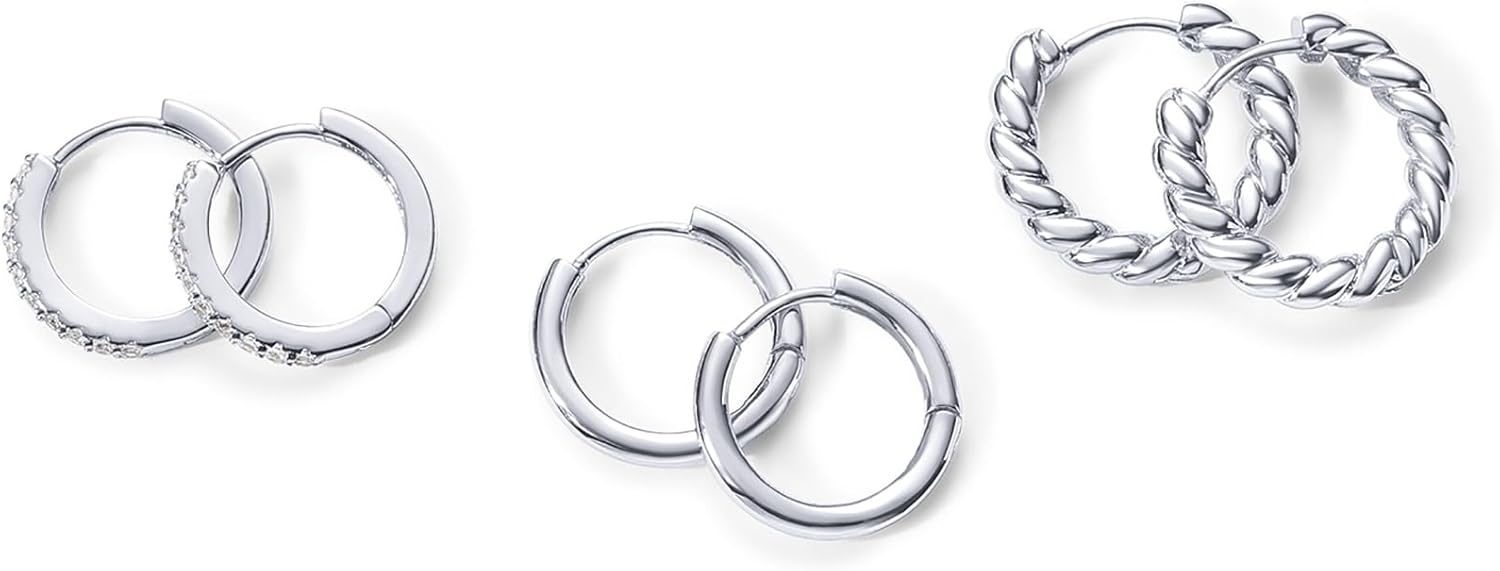 PAVOI 14K-18K Yellow Gold Plated 925 Sterling Silver Posts Three Pairs Small Hoop Earrings for Women - Statement Gold Hoop Earrings Set - Cubic Zirconia Rope Teardrop Chunky Huggie Earscape Piercings