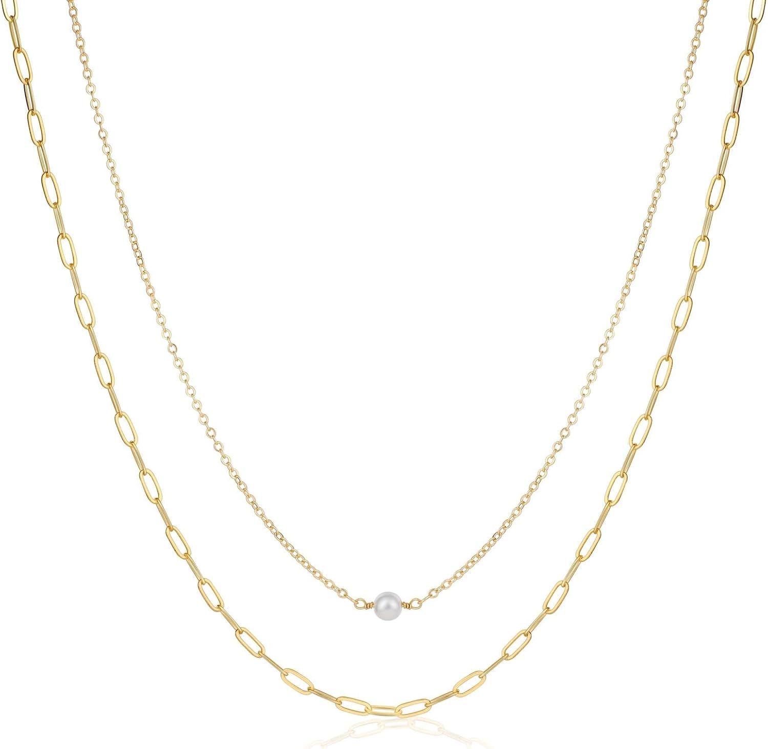 Dainty Pearl Pendant Necklaces for Women 14K Gold Plated Handmade Layered Pearl Chain Necklace Delicate Layered Pearl Necklace Everyday Jewelry Gift